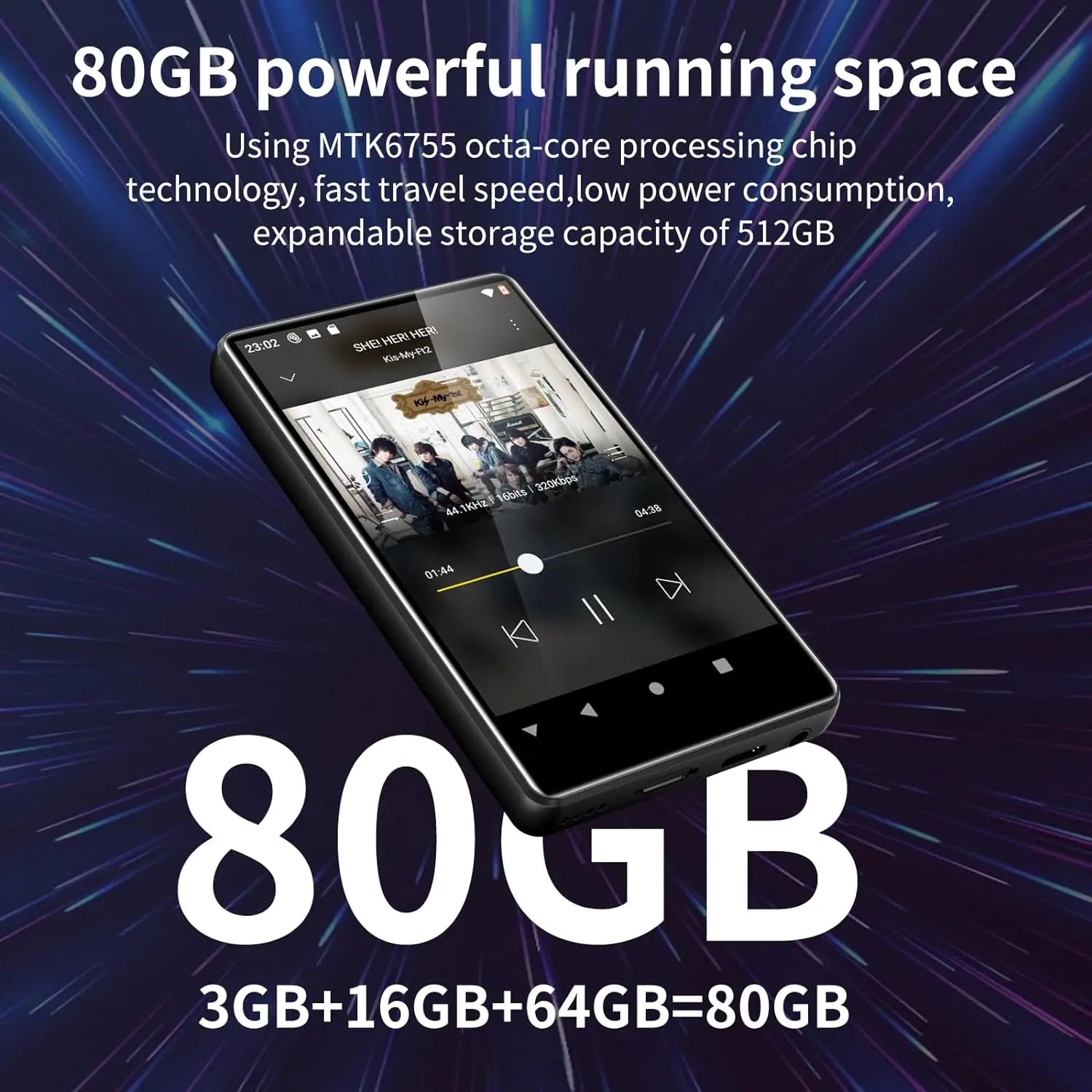 80GB (64GB+16GB) MP3 player for Android with Bluetooth and WiFi, 4.0-inch full touch screen Built-in speakers, browser support