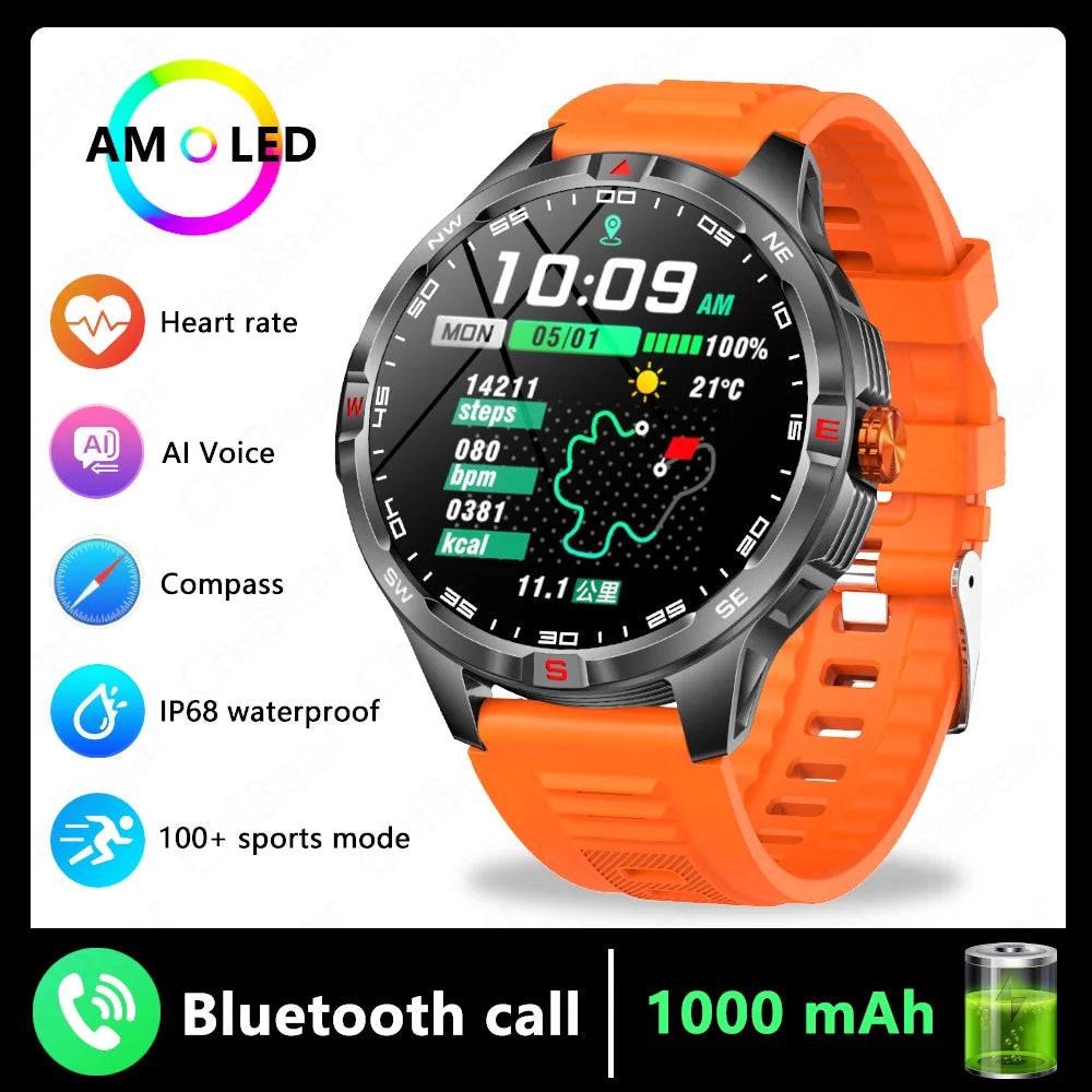 1000mAh Battery Military Smart Watch Men 5ATM Waterproof GPS Compass BT Call AMOLED HD Sports Android IOS Smartwatch 2026 New