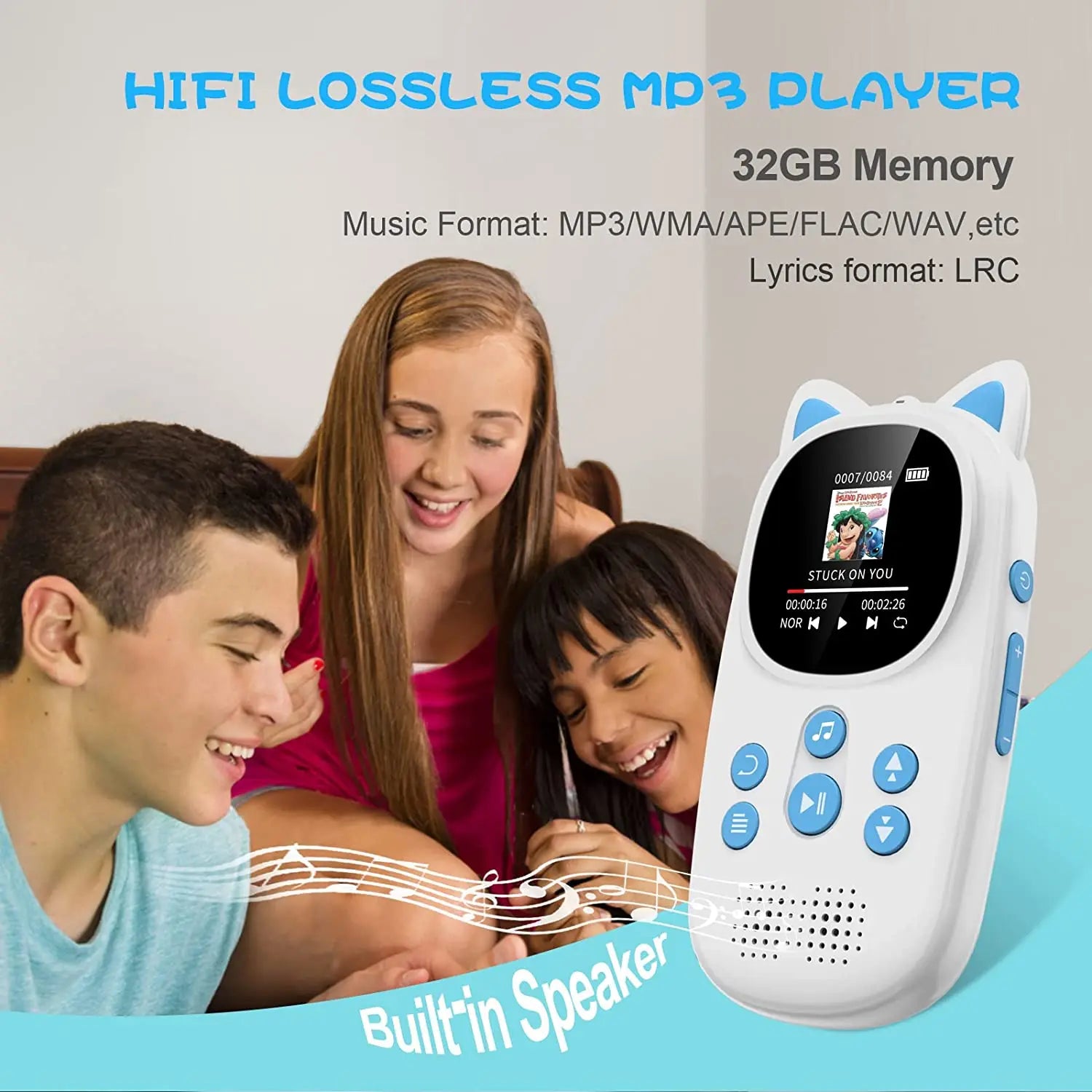32GB MP3 Player for Kids, With Bluetooth 5.0 ,  FM Speaker, Voice Recorder,  Up to 128GB, Lanyard Headphone Included