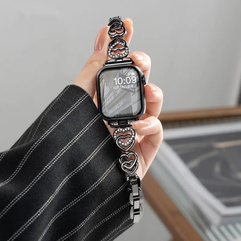Luxury Love Heart Metal Band For Apple Watch Strap 44mm 40 49 38 45 41 42 46mm Diamond Bracelet iWatch Ultra S10 9 8 7 6 5 4 se
