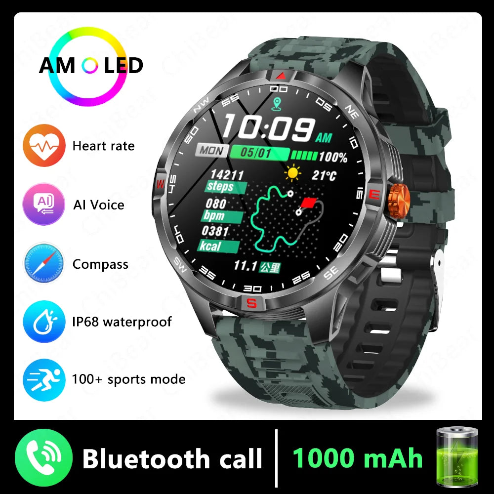 1000mAh Battery Military Smart Watch Men 5ATM Waterproof GPS Compass BT Call AMOLED HD Sports Android IOS Smartwatch 2026 New