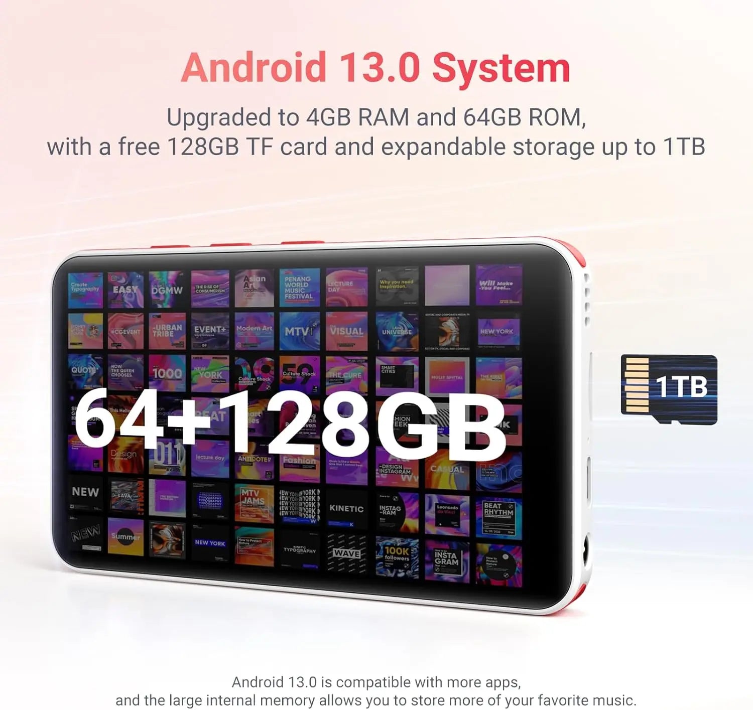 192GB (128GB + 64GB) MP3 Player with Bluetooth and WiFi, Android 13.0, 4.0" HD  Touch Screen and Speaker, Up to 1TB