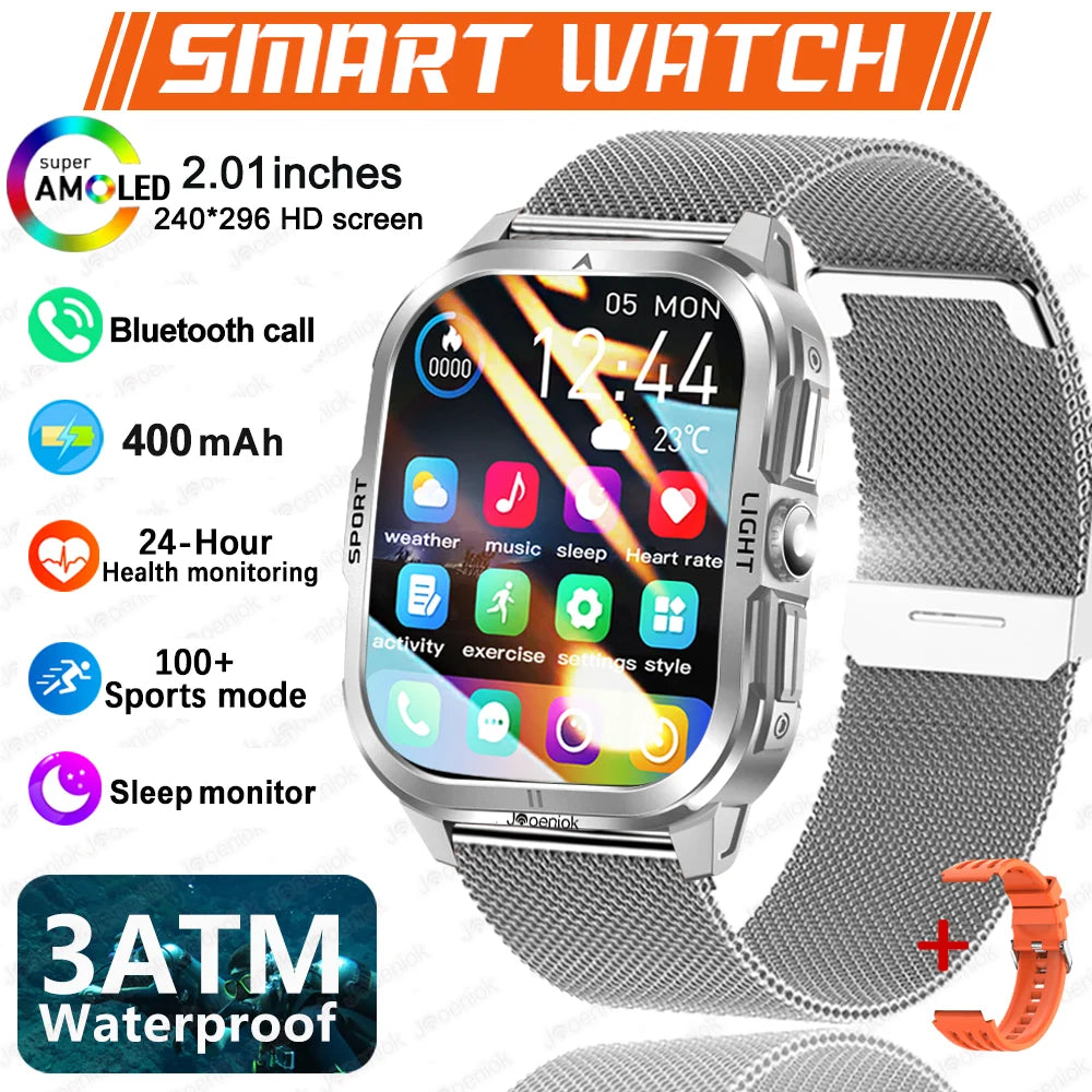 Outdoor Smart Watch Men 2.01"HD 240*296 Screen 3ATM Waterproof Flashlight 400mAh Battery Outdoor Sport BT Call Smartwatch New