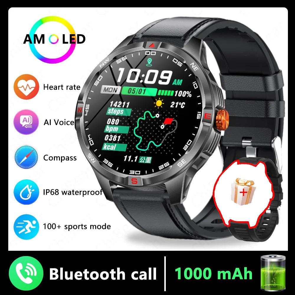 1000mAh Battery Military Smart Watch Men 5ATM Waterproof GPS Compass BT Call AMOLED HD Sports Android IOS Smartwatch 2026 New