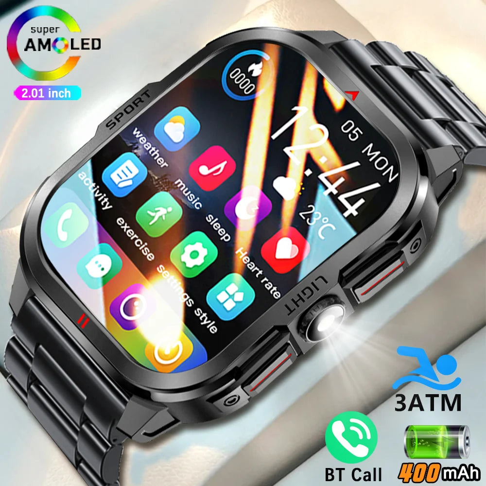 Outdoor Smart Watch Men 2.01"HD 240*296 Screen 3ATM Waterproof Flashlight 400mAh Battery Outdoor Sport BT Call Smartwatch New