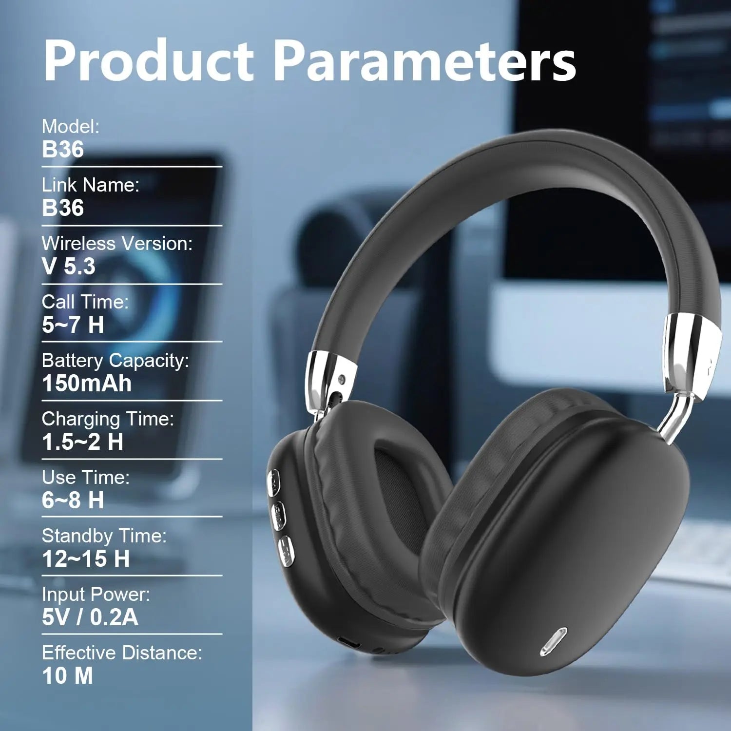 B36 Over-Ear Headphones, Bluetooth 5.3, ANC, 8H Playtime, HD Mic, Foldable. For Mobile, PC, Gaming.