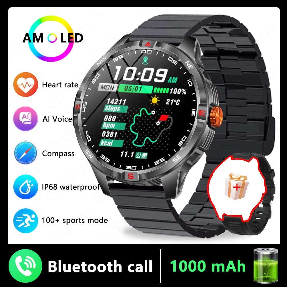 1000mAh Battery Military Smart Watch Men 5ATM Waterproof GPS Compass BT Call AMOLED HD Sports Android IOS Smartwatch 2026 New