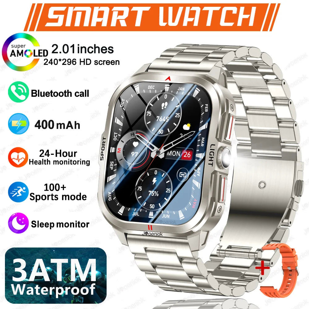 Outdoor Smart Watch Men 2.01"HD 240*296 Screen 3ATM Waterproof Flashlight 400mAh Battery Outdoor Sport BT Call Smartwatch New