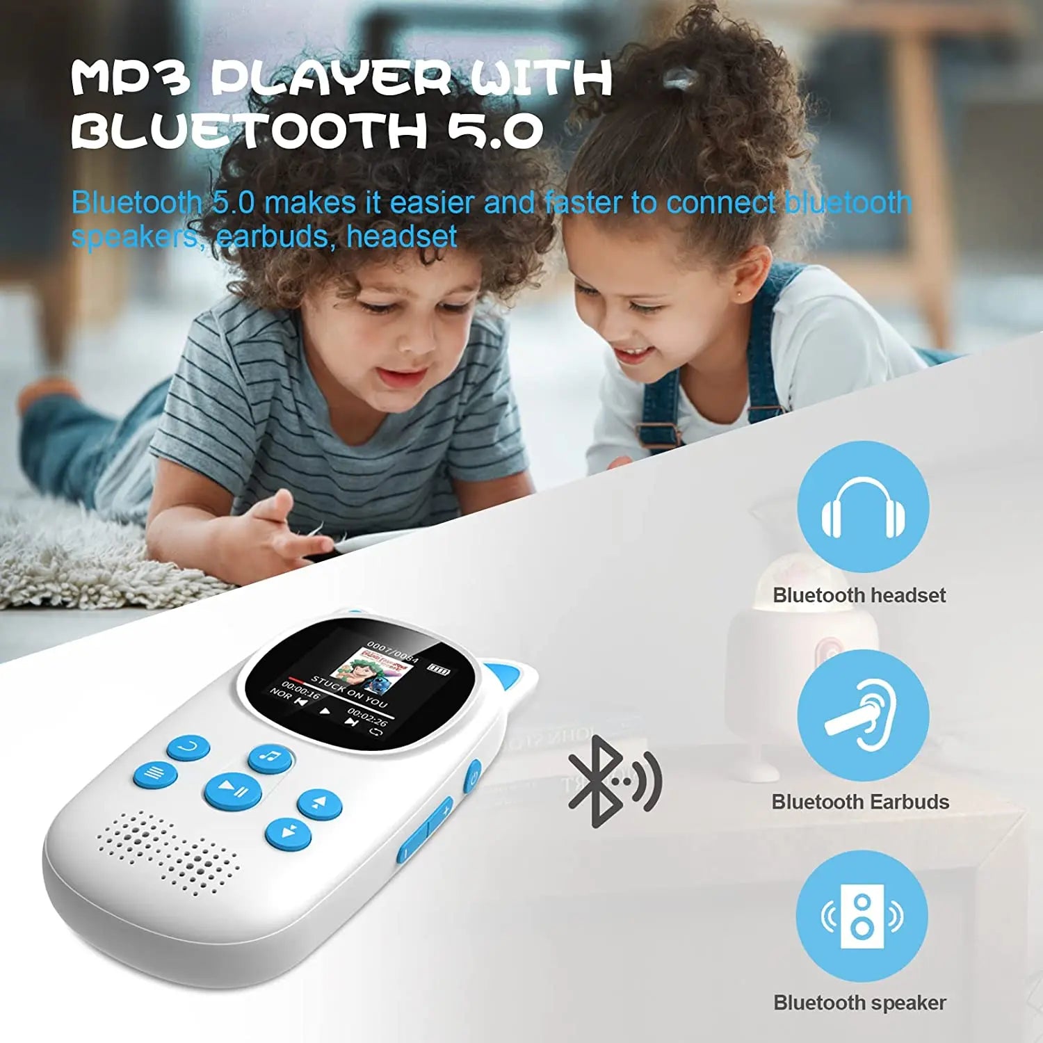 32GB MP3 Player for Kids, With Bluetooth 5.0 ,  FM Speaker, Voice Recorder,  Up to 128GB, Lanyard Headphone Included