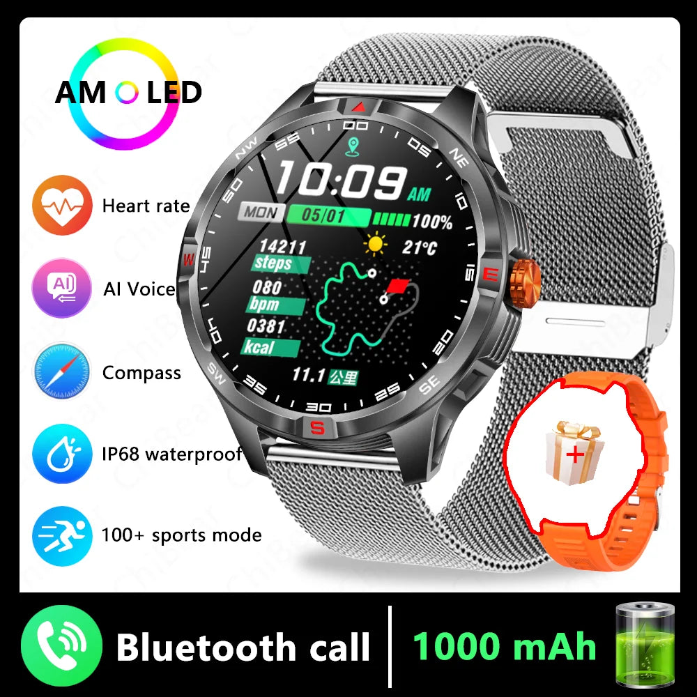 1000mAh Battery Military Smart Watch Men 5ATM Waterproof GPS Compass BT Call AMOLED HD Sports Android IOS Smartwatch 2026 New