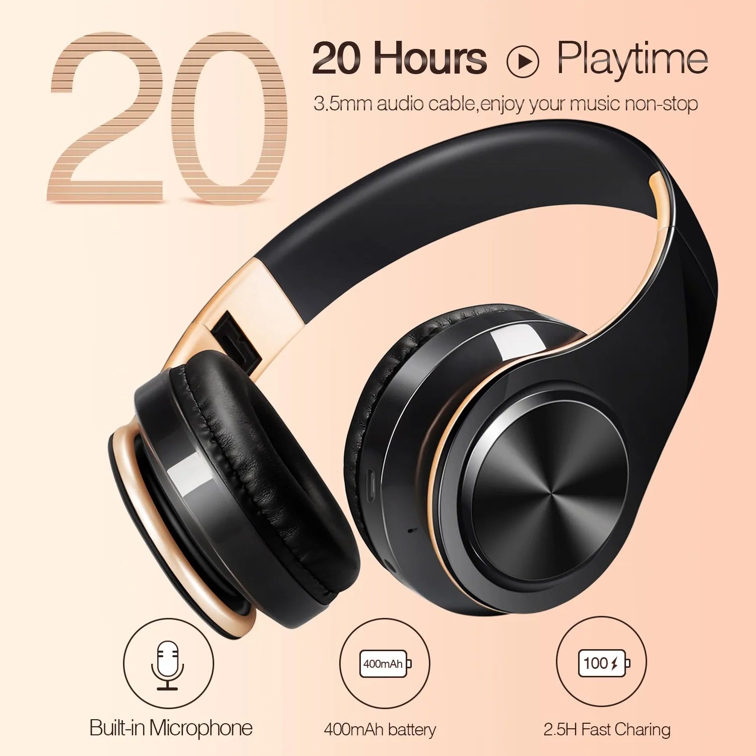 Men Gift Gold Wireless Headphones Bluetooth Earphone Stereo Headset Game with Build-in MIC with Universal for Android and iOS
