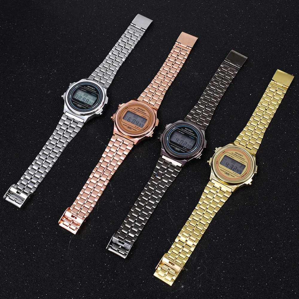 Women Casual LED Electronic Watch Retro Stainless Steel Strap Ladies LED Digital Watch Multifunction Sports Wristwatch Clock