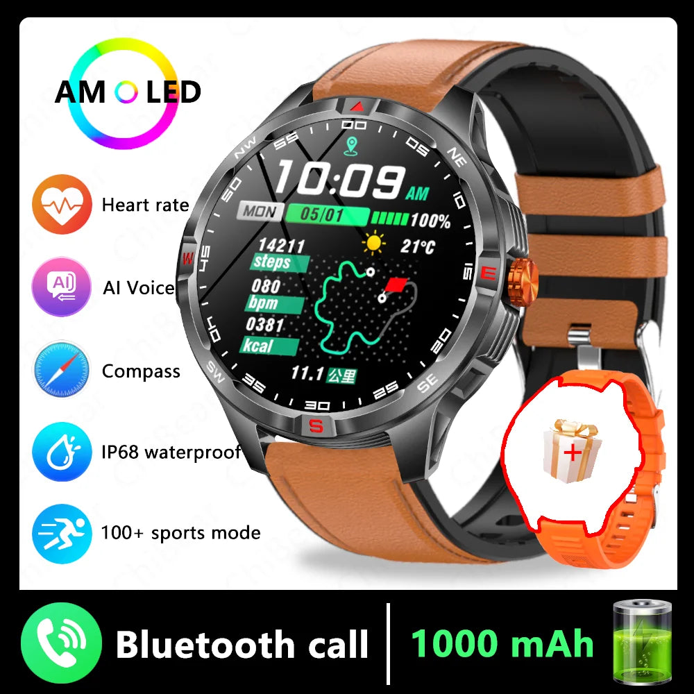 1000mAh Battery Military Smart Watch Men 5ATM Waterproof GPS Compass BT Call AMOLED HD Sports Android IOS Smartwatch 2026 New