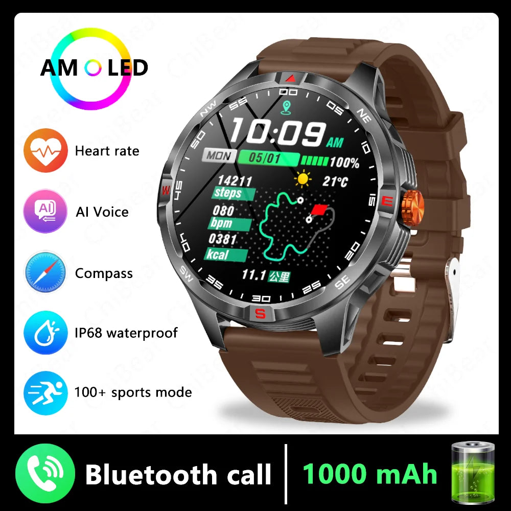 1000mAh Battery Military Smart Watch Men 5ATM Waterproof GPS Compass BT Call AMOLED HD Sports Android IOS Smartwatch 2026 New