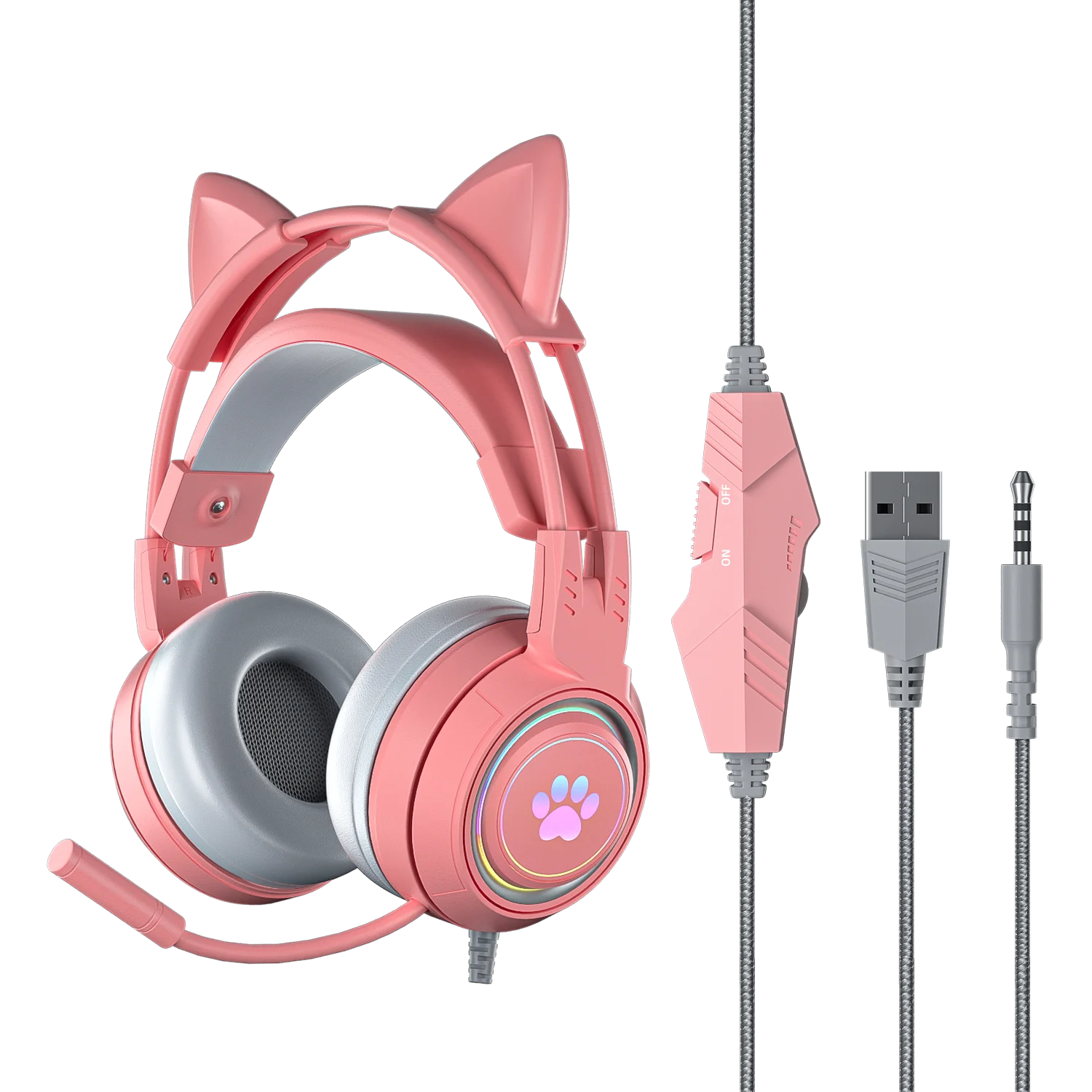pink Gaming Headset for PC, PS4, PS5, Laptop 3.5mm Noise Reduction with Mic Noise Cancelling, LED Light for Girls, Women