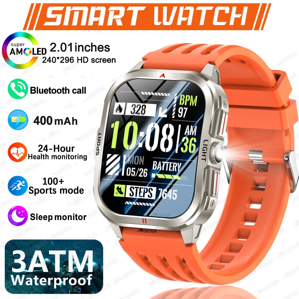 Outdoor Smart Watch Men 2.01"HD 240*296 Screen 3ATM Waterproof Flashlight 400mAh Battery Outdoor Sport BT Call Smartwatch New