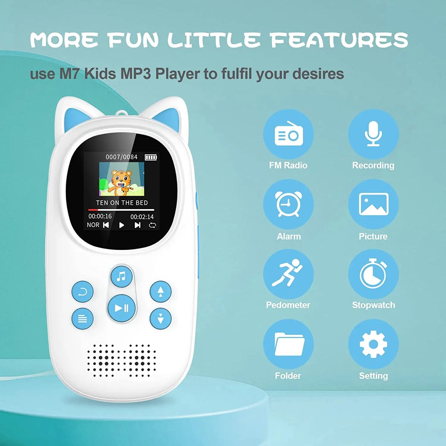 32GB MP3 Player for Kids, With Bluetooth 5.0 ,  FM Speaker, Voice Recorder,  Up to 128GB, Lanyard Headphone Included