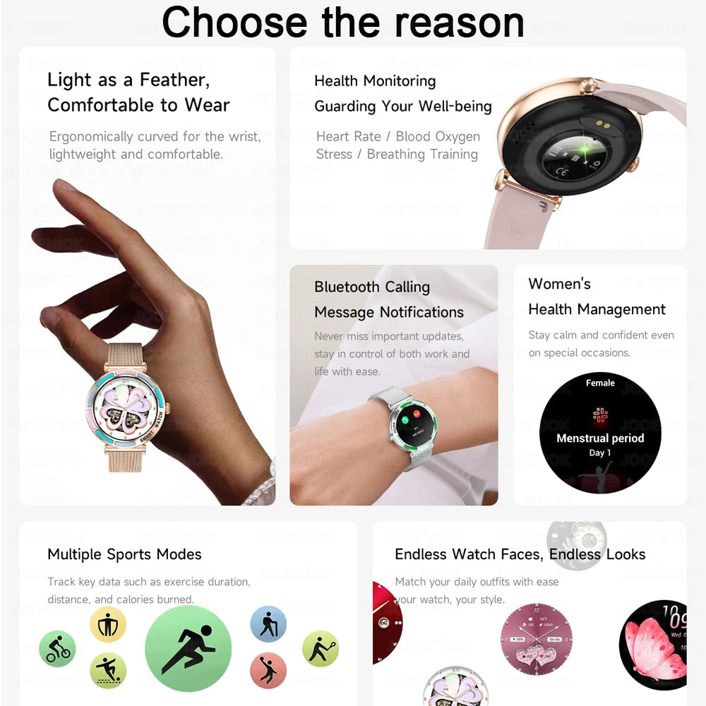 New Lady Fashion Smart Watch Women 1.27inch AMOLED Screen Heart Rate Bluetooth Call Waterproof Sports Smartwatch For Android iOS
