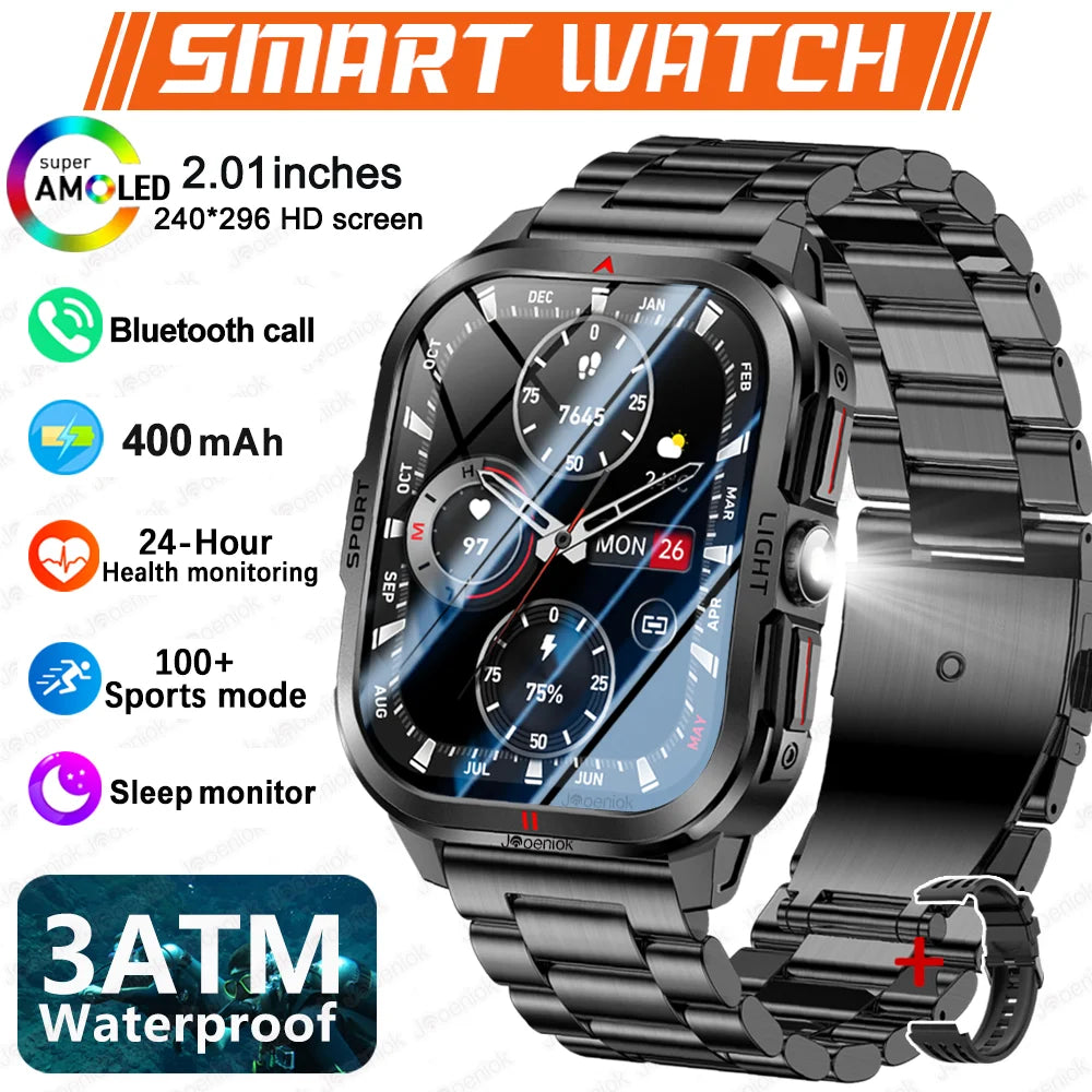 Outdoor Smart Watch Men 2.01"HD 240*296 Screen 3ATM Waterproof Flashlight 400mAh Battery Outdoor Sport BT Call Smartwatch New