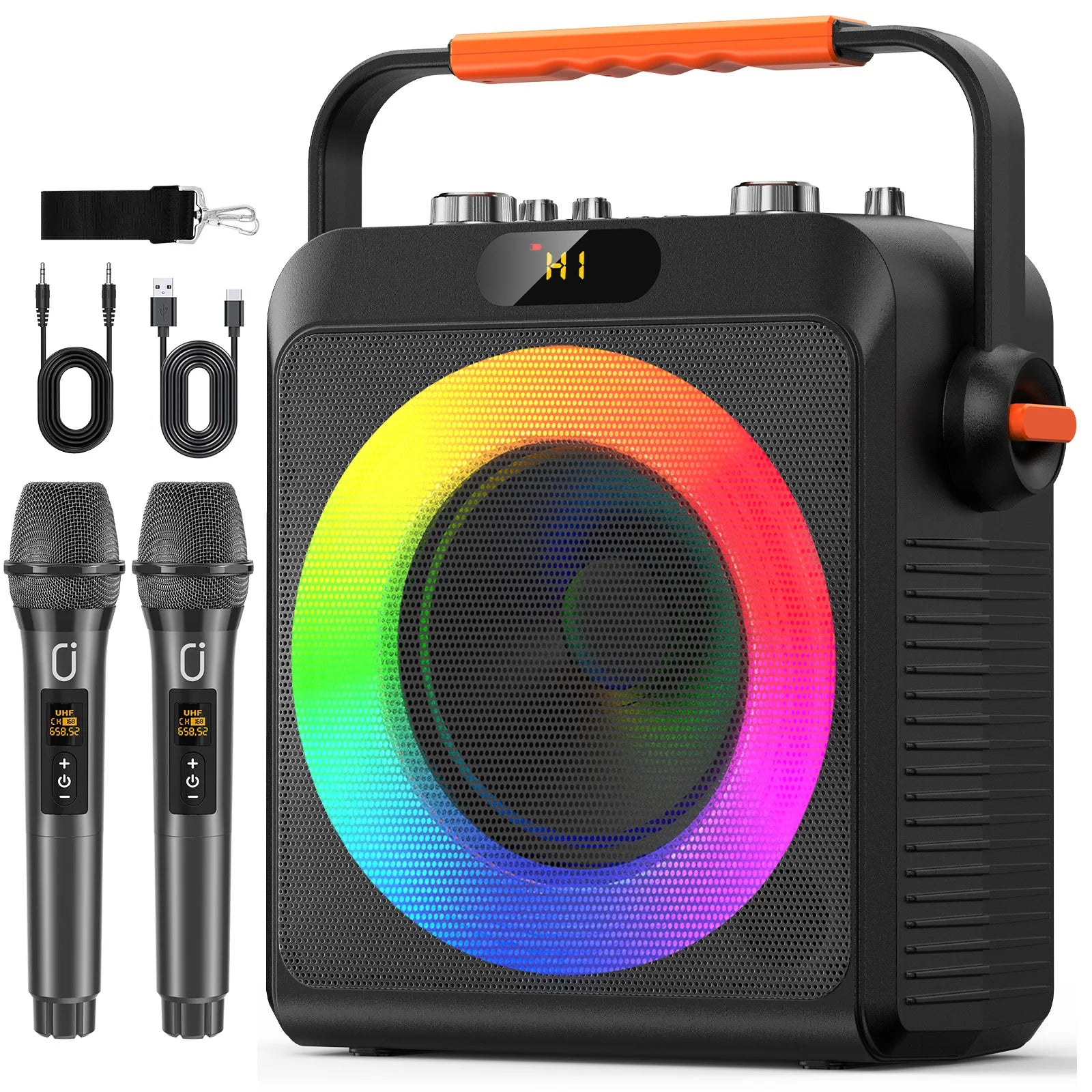 Karaoke Machine with 2 Wireless Microphones, Portable Speaker with LED Lights for Kids and Adults, Supports Bluetooth/USB/TF/AUX