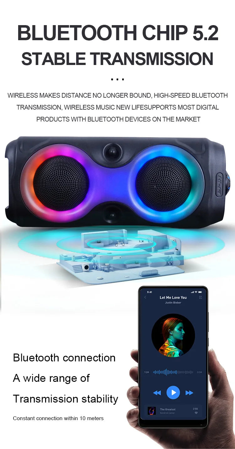 4inch Wireless Portable RGB Lighting Home KTV Karaoke FM Bluetooth Dual Speaker Subwoofer Heavy Bass Sound System Outdoor Party