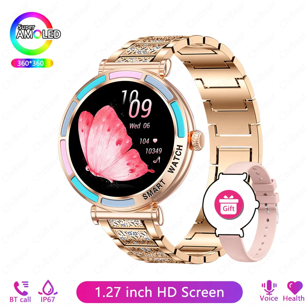 New Lady Fashion Smart Watch Women 1.27inch AMOLED Screen Heart Rate Bluetooth Call Waterproof Sports Smartwatch For Android iOS