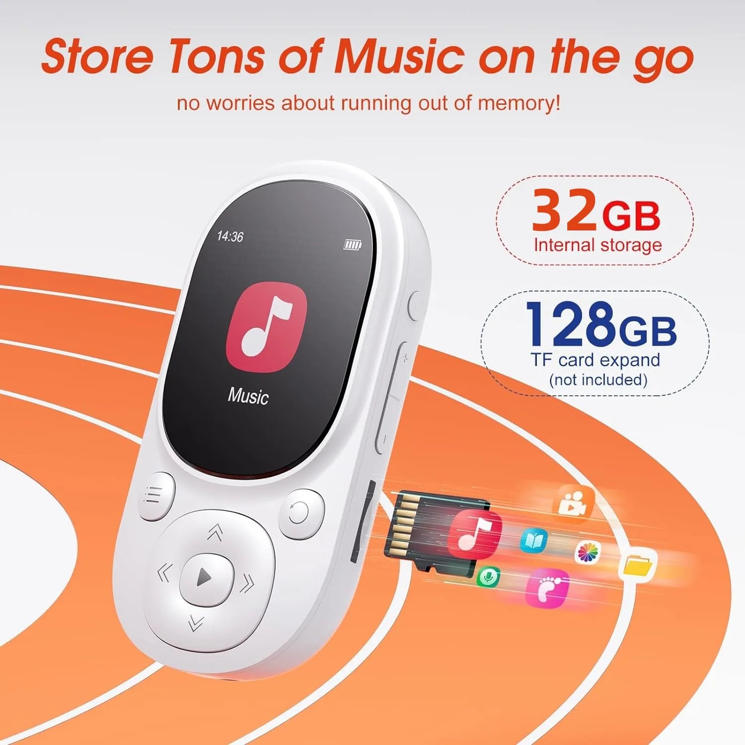 MECHEN Children's Music Player 32GB Clip MP3 Player Bluetooth 5.3,  with Pedometer Support up to 128GB