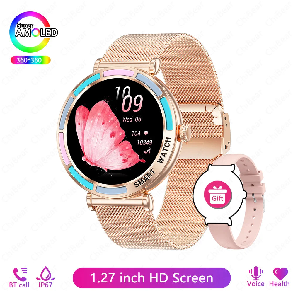 New Lady Fashion Smart Watch Women 1.27inch AMOLED Screen Heart Rate Bluetooth Call Waterproof Sports Smartwatch For Android iOS