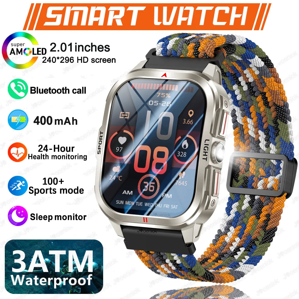 Outdoor Smart Watch Men 2.01"HD 240*296 Screen 3ATM Waterproof Flashlight 400mAh Battery Outdoor Sport BT Call Smartwatch New