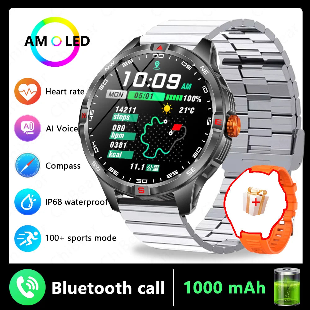 1000mAh Battery Military Smart Watch Men 5ATM Waterproof GPS Compass BT Call AMOLED HD Sports Android IOS Smartwatch 2026 New