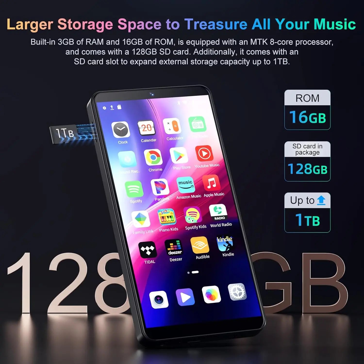 144GB (128GB+16GB) MP3/MP4 Player with Bluetooth and WiFi, Android 13.0 Bluetooth 5.0, 13PM Camera, 5.5" Touch Screen, Up to 1TB