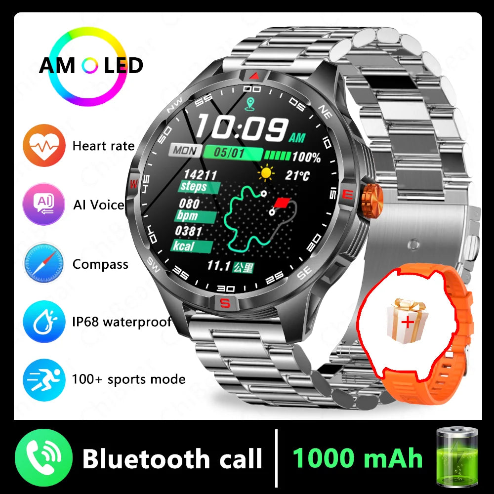 1000mAh Battery Military Smart Watch Men 5ATM Waterproof GPS Compass BT Call AMOLED HD Sports Android IOS Smartwatch 2026 New