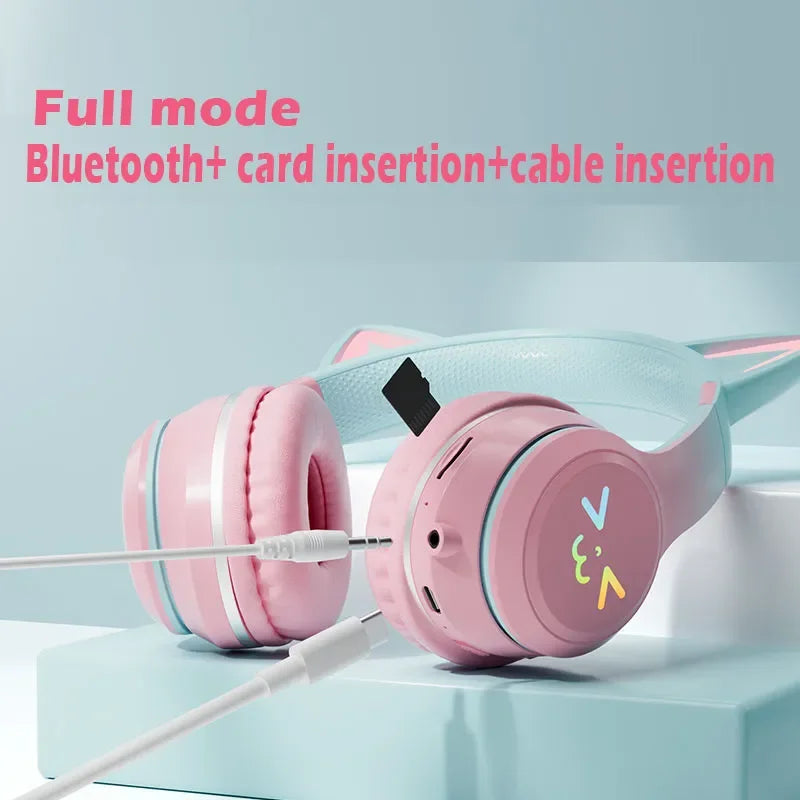 Wireless Headphones RGB Cute Cat Girls Kids Gift Headset with Microphone Stereo Music Gaming Earbud Control Lights Earphone