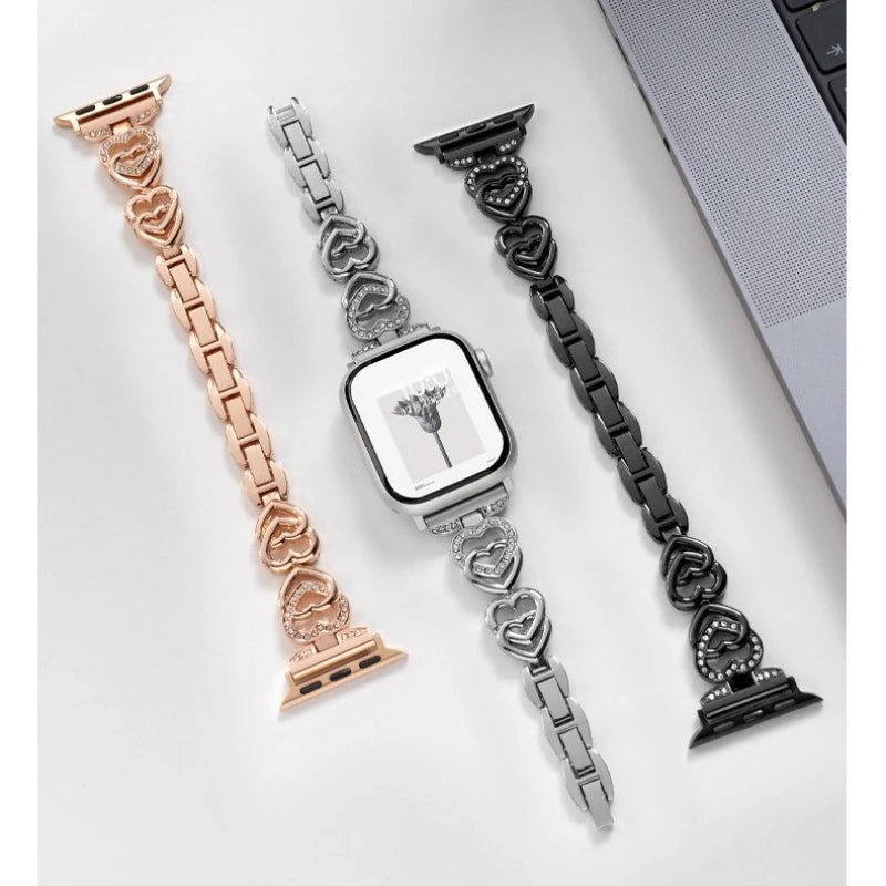 Luxury Love Heart Metal Band For Apple Watch Strap 44mm 40 49 38 45 41 42 46mm Diamond Bracelet iWatch Ultra S10 9 8 7 6 5 4 se