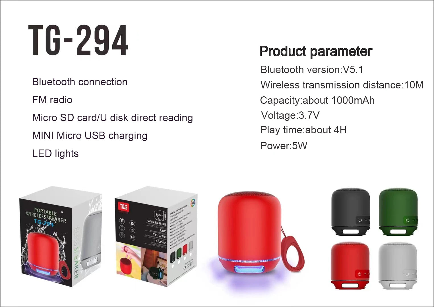 Mini Bluetooth Speaker LED Light Wireless Bass Box Player Stereo Subwoofer Portable Outdoor Speaker With TF Card FM Radio TG294