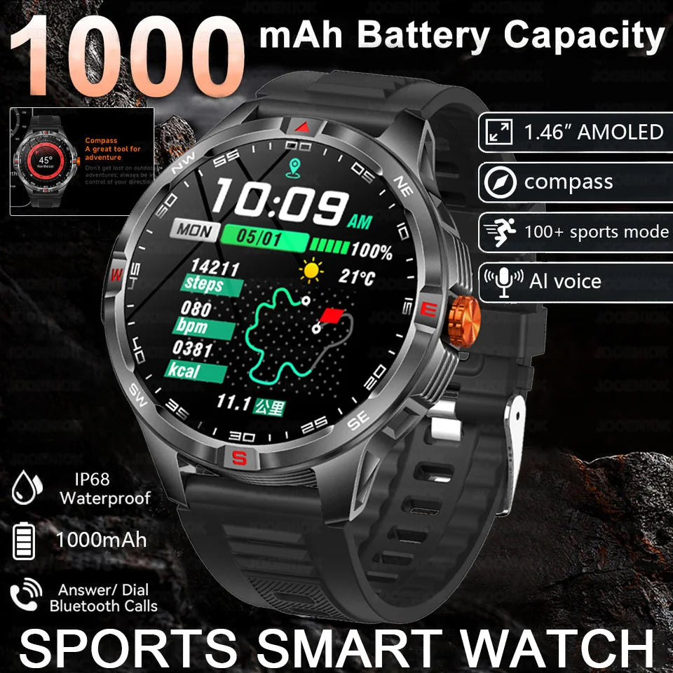 1000mAh Battery Military Smart Watch Men 5ATM Waterproof GPS Compass BT Call AMOLED HD Sports Android IOS Smartwatch 2026 New