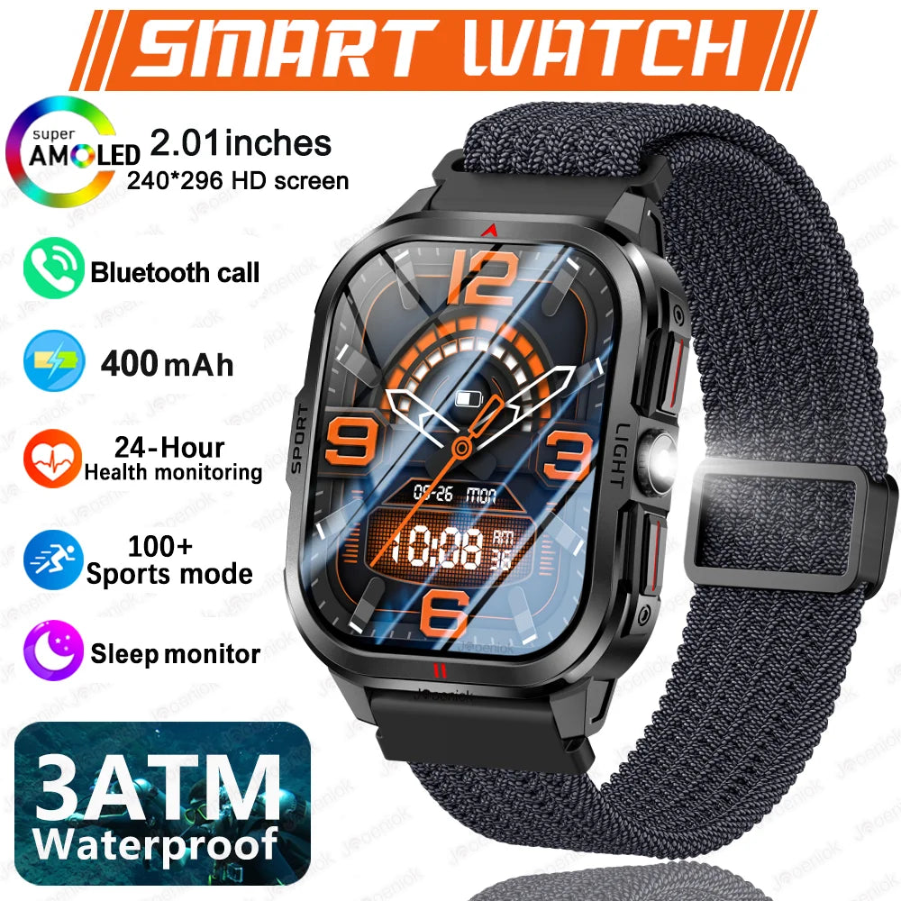 Outdoor Smart Watch Men 2.01"HD 240*296 Screen 3ATM Waterproof Flashlight 400mAh Battery Outdoor Sport BT Call Smartwatch New