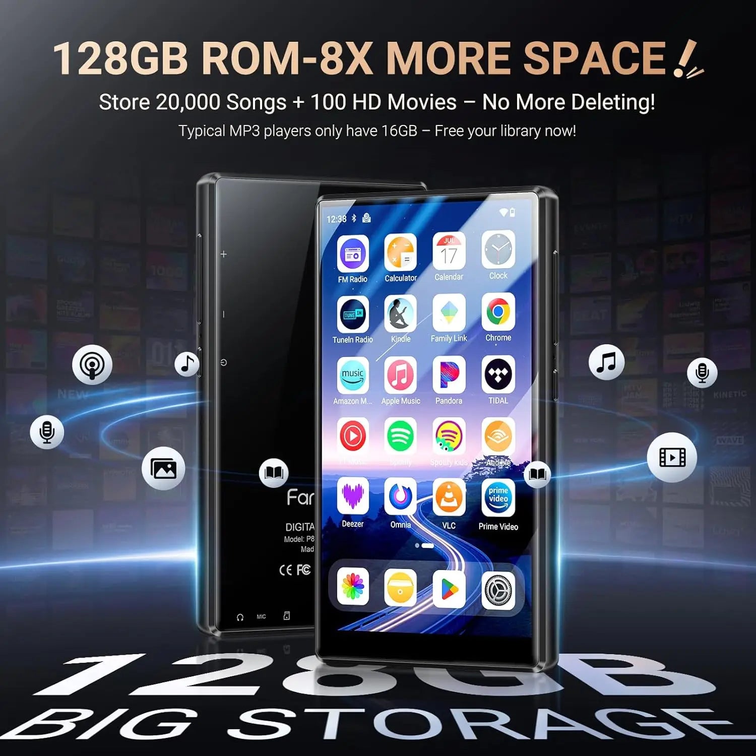 Fanvace Built-in 128GB storage, MP3/MP4 player with Bluetooth and Wi-Fi，running Android 13 operating system,  5-inch touchscreen