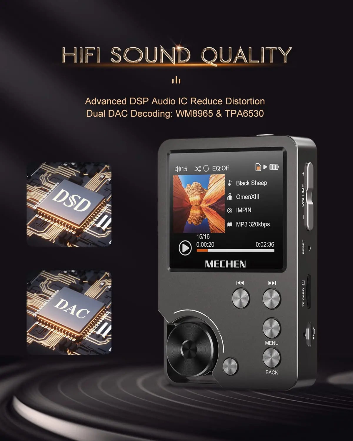 MP3 Player, Lossless DSD High Definition Portable Hi-Fi Digital Audio Music Player with 64GB Memory Card, Supports Up to 256GB