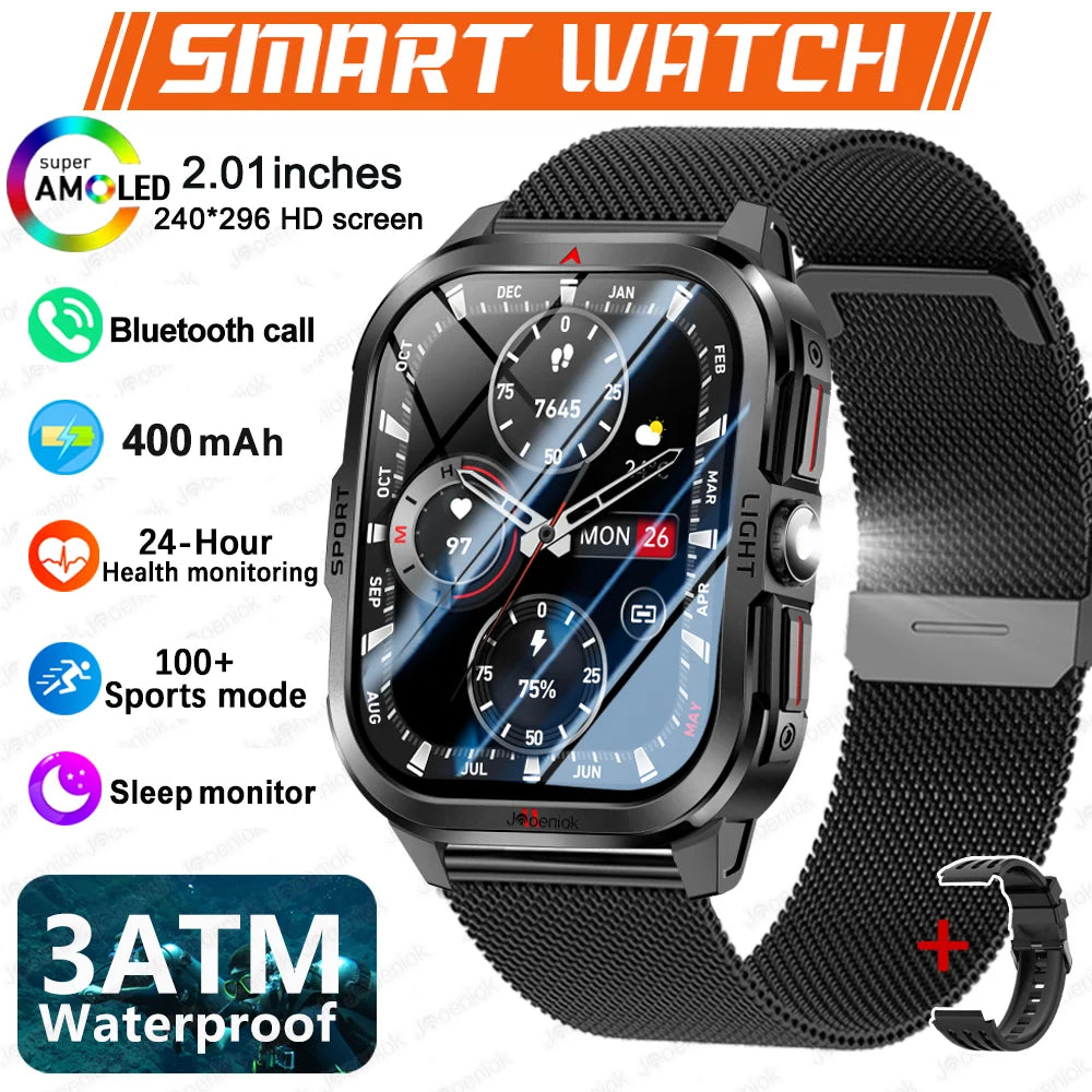 Outdoor Smart Watch Men 2.01"HD 240*296 Screen 3ATM Waterproof Flashlight 400mAh Battery Outdoor Sport BT Call Smartwatch New