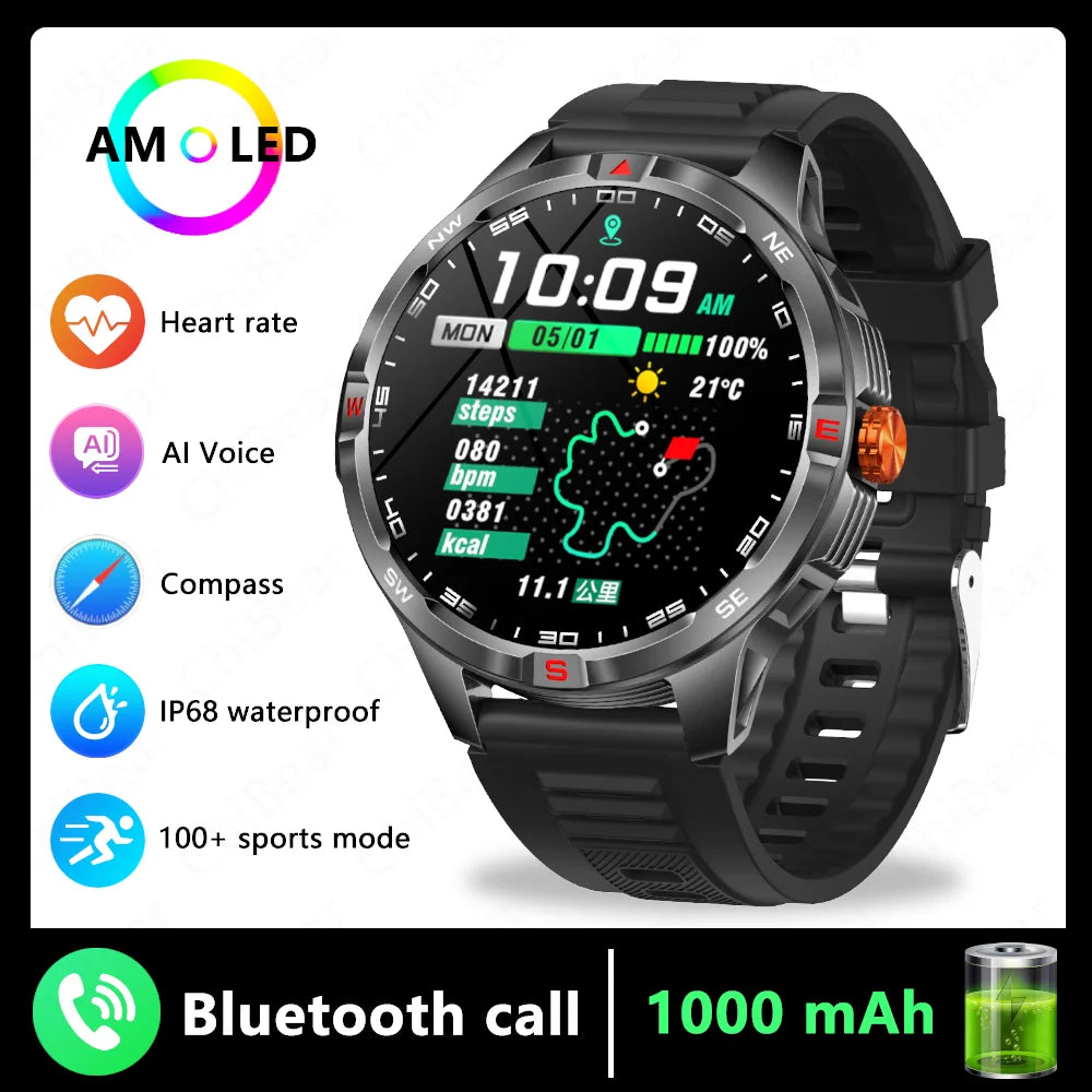 1000mAh Battery Military Smart Watch Men 5ATM Waterproof GPS Compass BT Call AMOLED HD Sports Android IOS Smartwatch 2026 New