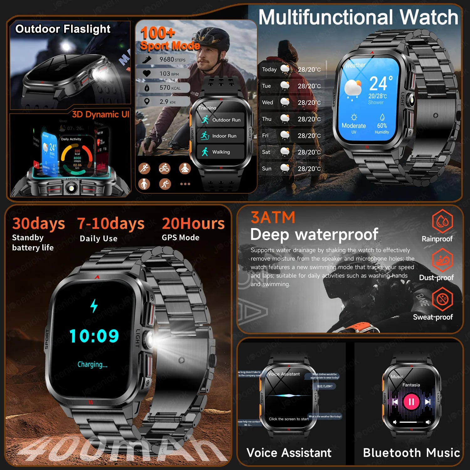 Outdoor Smart Watch Men 2.01"HD 240*296 Screen 3ATM Waterproof Flashlight 400mAh Battery Outdoor Sport BT Call Smartwatch New