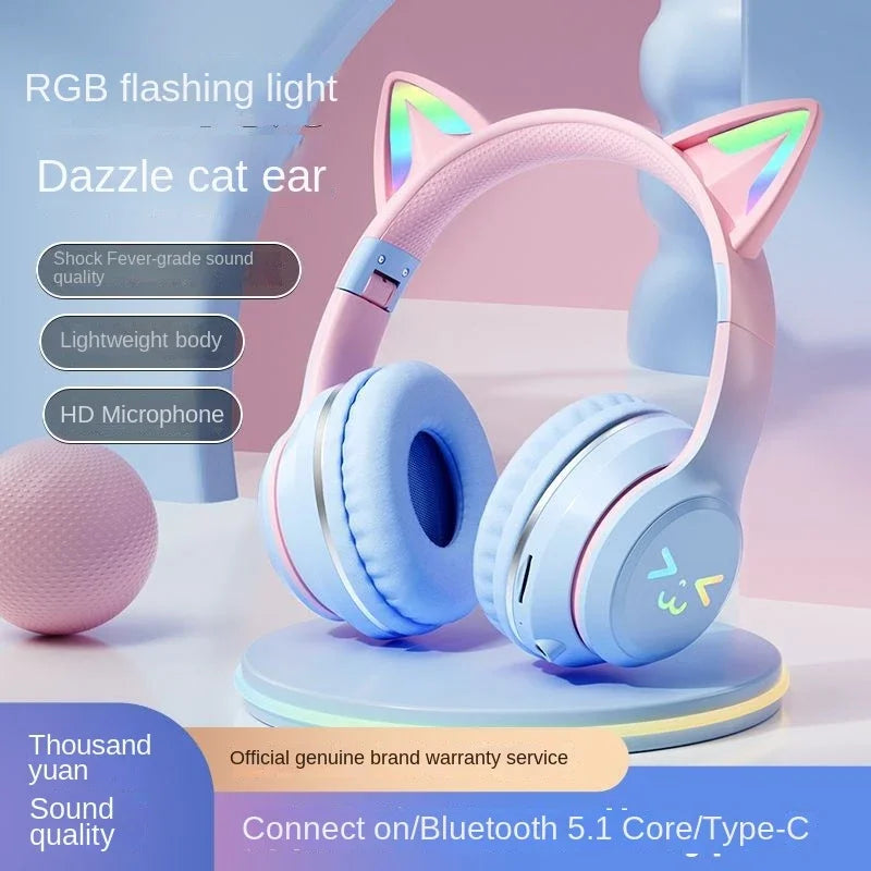 Wireless Headphones RGB Cute Cat Girls Kids Gift Headset with Microphone Stereo Music Gaming Earbud Control Lights Earphone