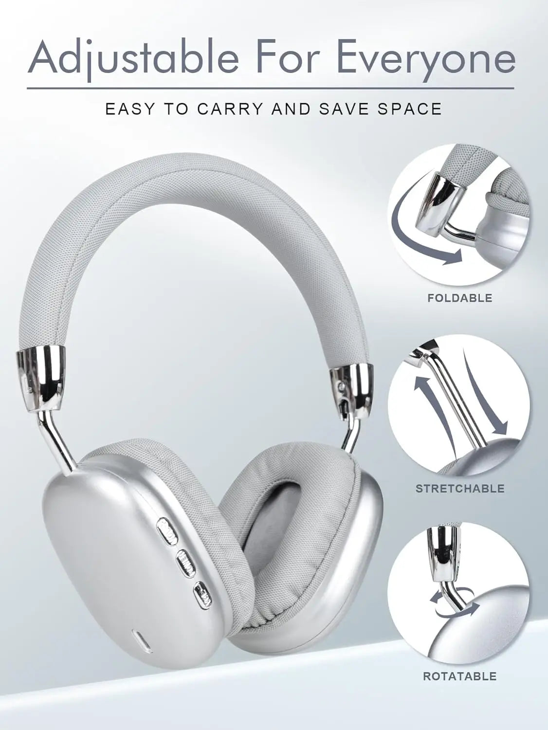 Wireless Over-Ear Headphones, Foldable Portable, Silver Metal, Mesh Fabric, Ideal For Travel Study Sports Music (Silver)