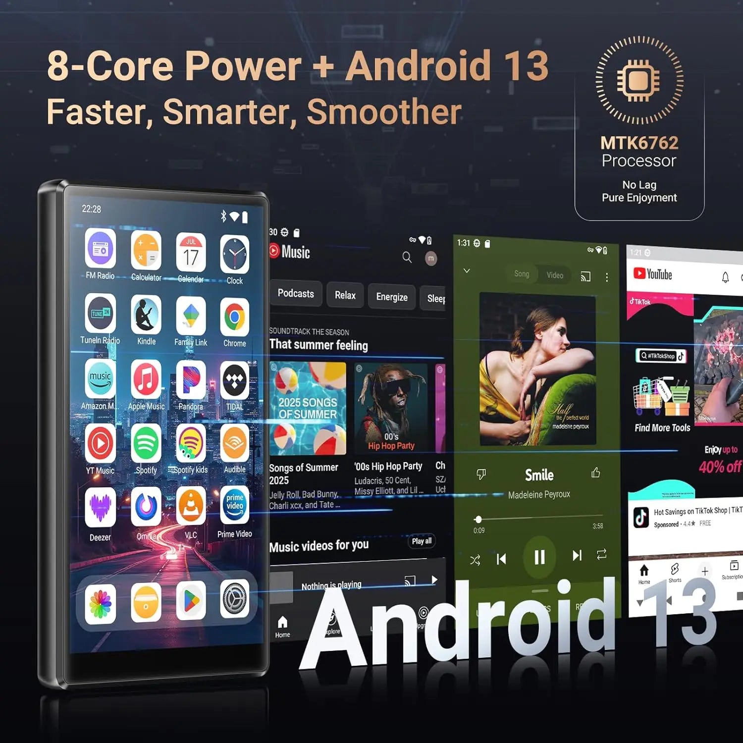 Fanvace Built-in 128GB storage, MP3/MP4 player with Bluetooth and Wi-Fi，running Android 13 operating system,  5-inch touchscreen