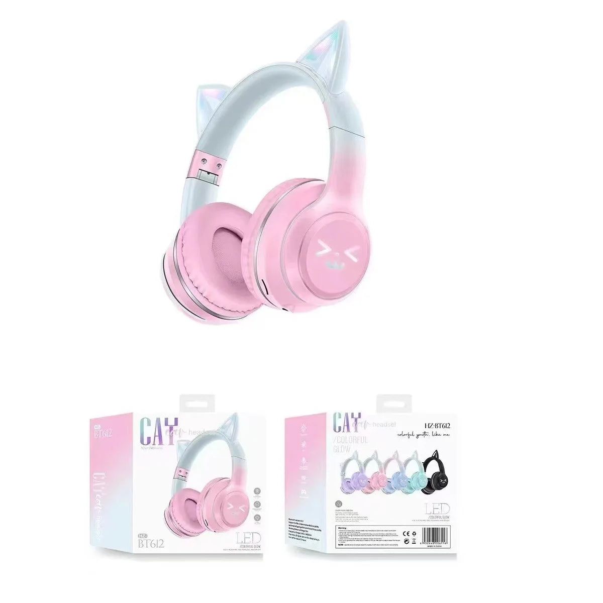 Wireless Headphones RGB Cute Cat Girls Kids Gift Headset with Microphone Stereo Music Gaming Earbud Control Lights Earphone